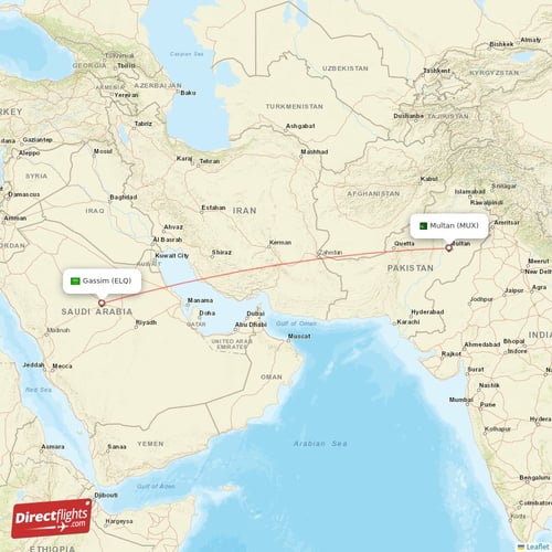 Gassim - Multan direct flight map