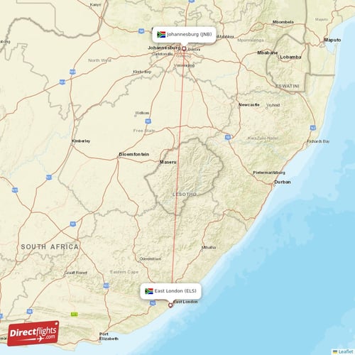 East London - Johannesburg direct flight map