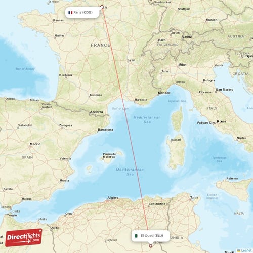El Oued - Paris direct flight map