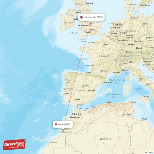 Leicestershire - Agadir direct flight map
