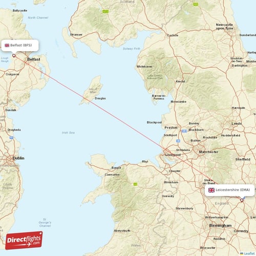 Leicestershire - Belfast direct flight map