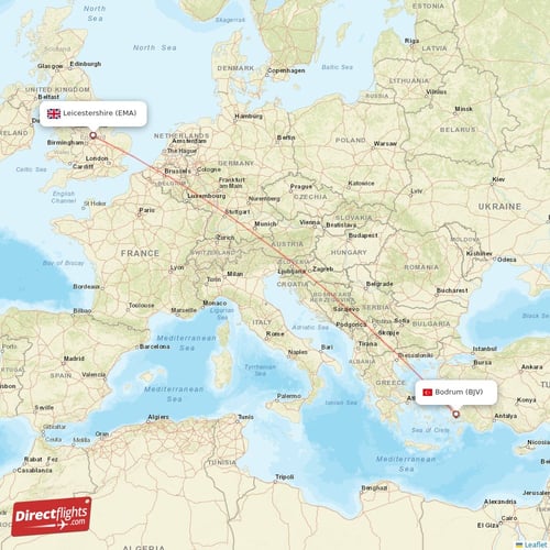 Leicestershire - Bodrum direct flight map