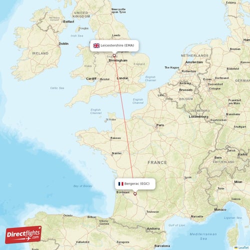 Leicestershire - Bergerac direct flight map