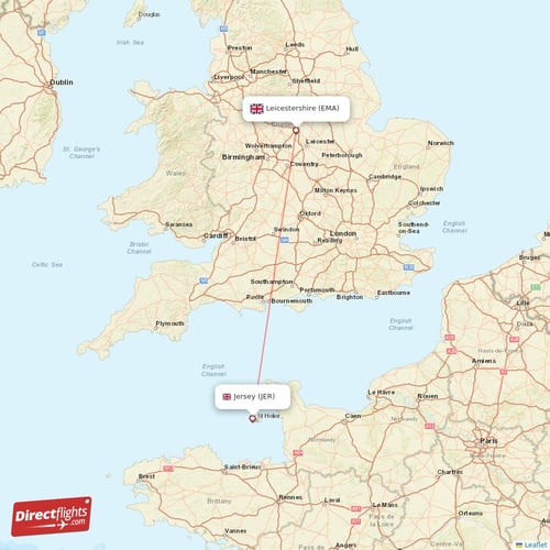 Leicestershire - Jersey direct flight map