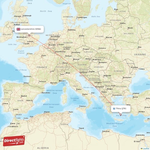 Leicestershire - Thira direct flight map