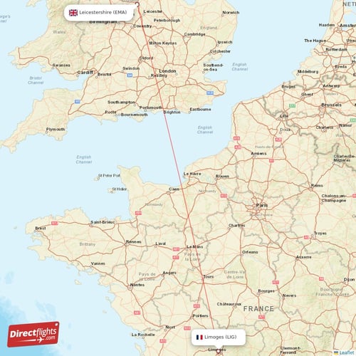 Leicestershire - Limoges direct flight map