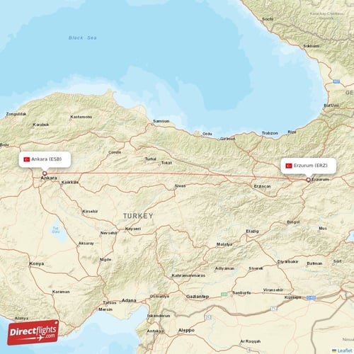 Erzurum - Ankara direct flight map