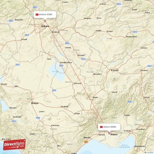 Ankara - Adana direct flight map