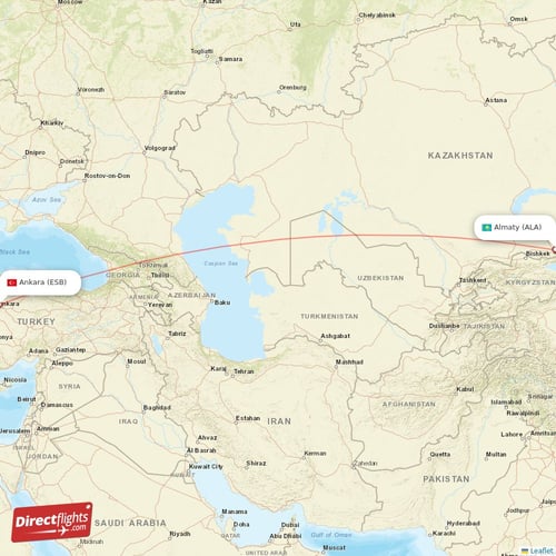 Ankara - Almaty direct flight map