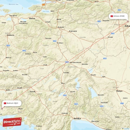 Ankara - Bodrum direct flight map
