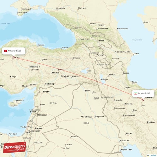 Ankara - Tehran direct flight map