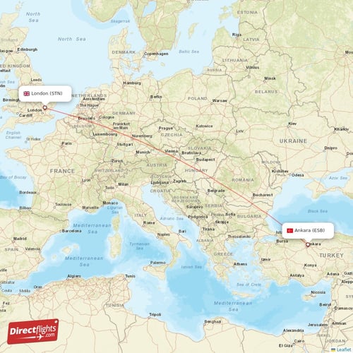 Ankara - London direct flight map