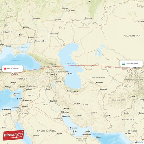 Ankara - Tashkent direct flight map