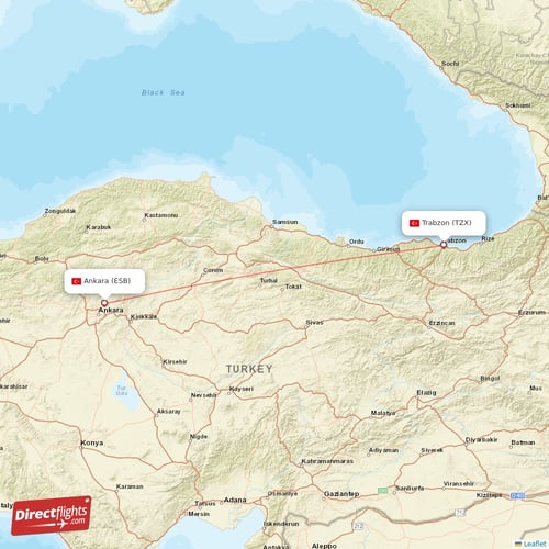 Ankara - Trabzon direct flight map