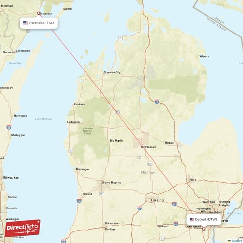 Escanaba - Detroit direct flight map