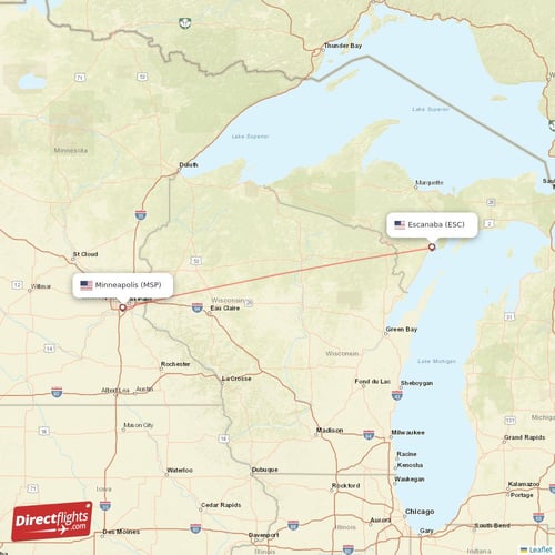 Escanaba - Minneapolis direct flight map