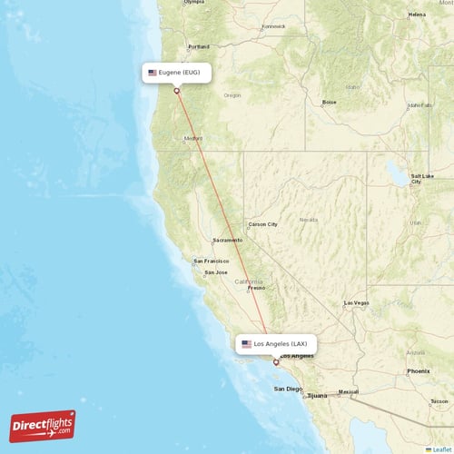 Eugene - Los Angeles direct flight map