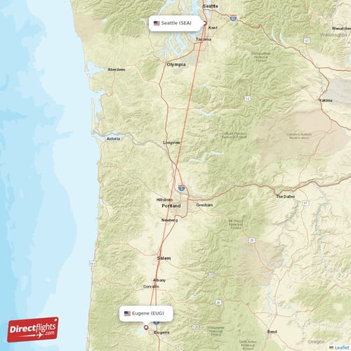 Eugene - Seattle direct flight map