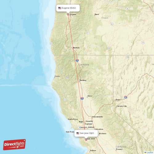 Eugene - San Jose direct flight map