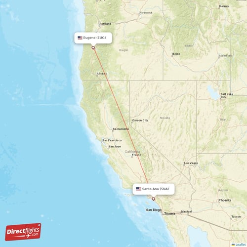 Eugene - Santa Ana direct flight map