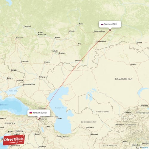 Yerevan - Tyumen direct flight map