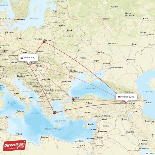 Yerevan - Vienna direct flight map