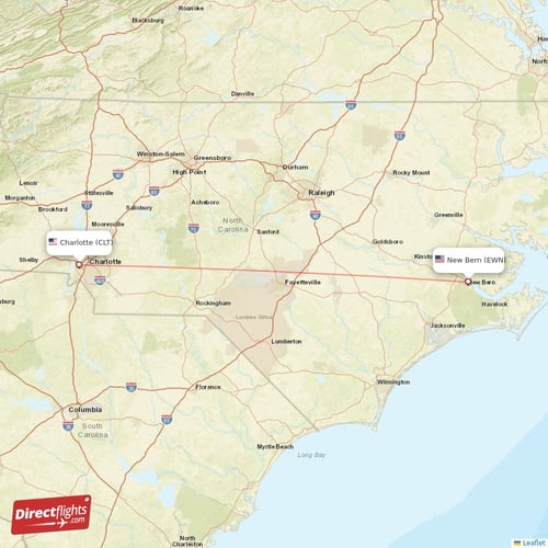 New Bern - Charlotte direct flight map