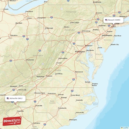 New York - Asheville direct flight map
