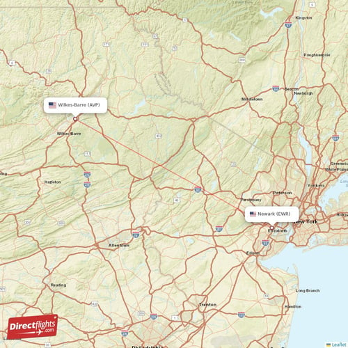 New York - Wilkes-Barre direct flight map