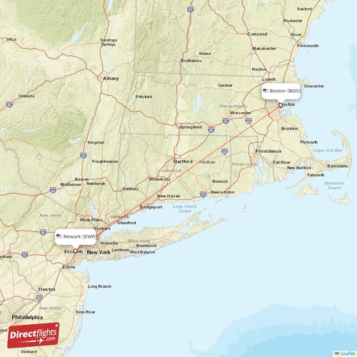 New York - Boston direct flight map