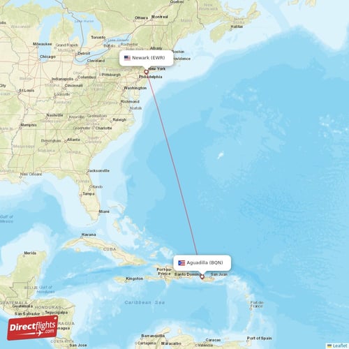 New York - Aguadilla direct flight map