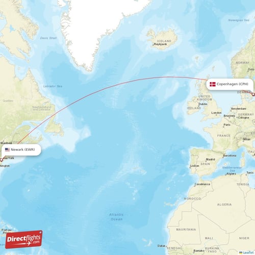 New York - Copenhagen direct flight map