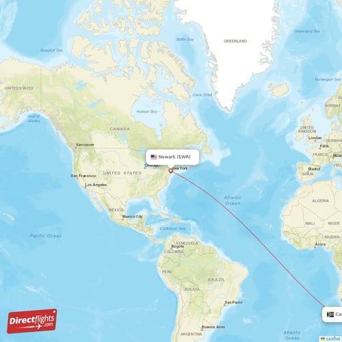 New York - Cape Town direct flight map