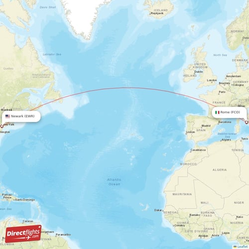 New York - Rome direct flight map