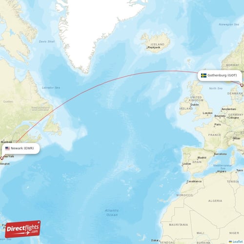New York - Gothenburg direct flight map