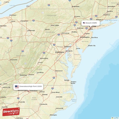 New York - Greensboro/High Point direct flight map