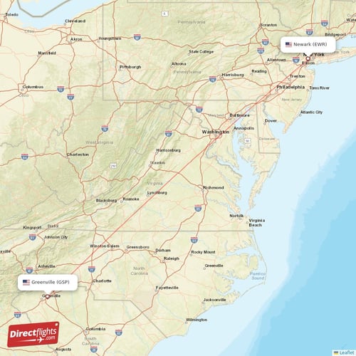 New York - Greenville direct flight map