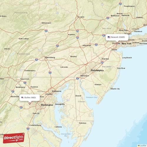 New York - Dulles direct flight map