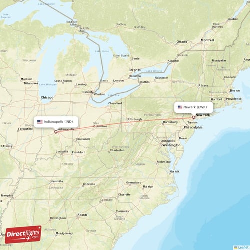 New York - Indianapolis direct flight map