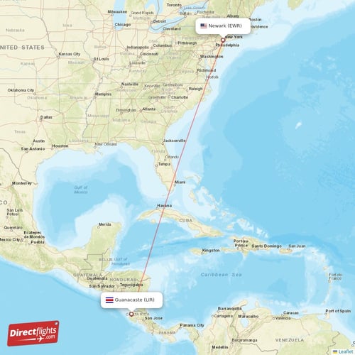 New York - Guanacaste direct flight map