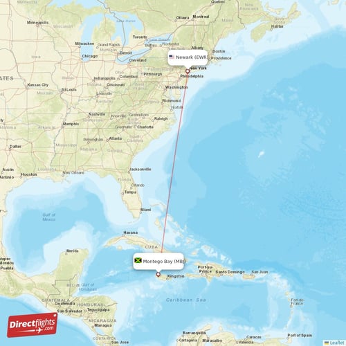 New York - Montego Bay direct flight map