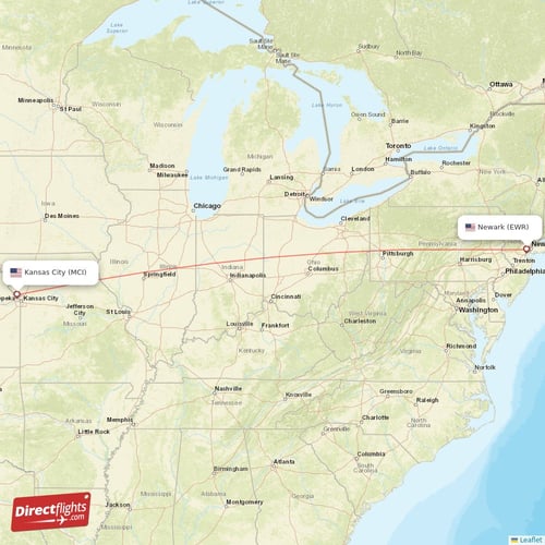 New York - Kansas City direct flight map