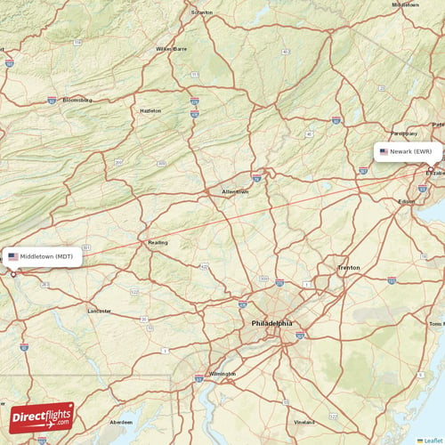 New York - Middletown direct flight map