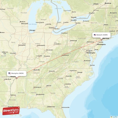 New York - Memphis direct flight map