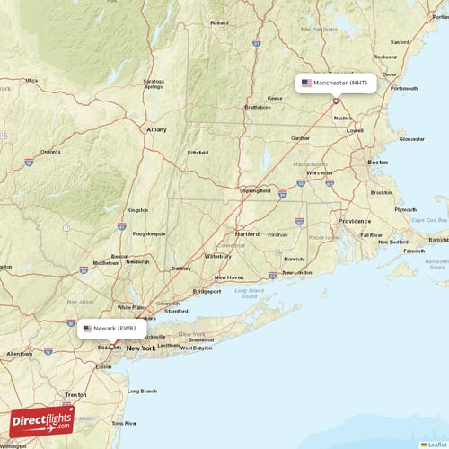 New York - Manchester direct flight map
