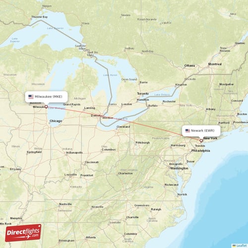 New York - Milwaukee direct flight map