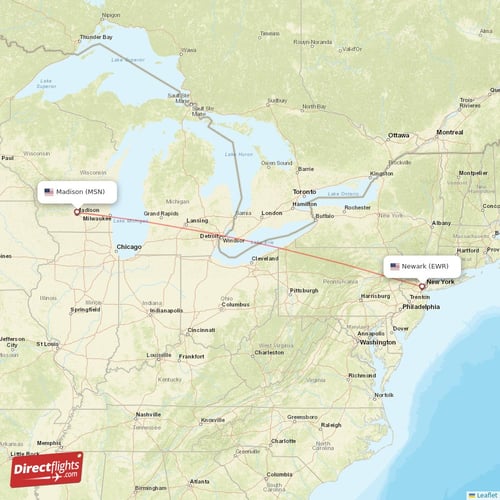 New York - Madison direct flight map