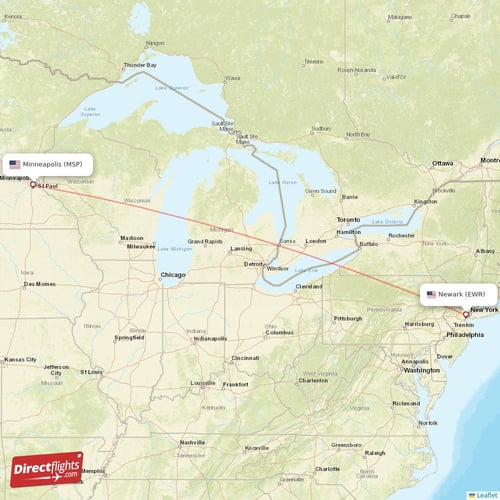 New York - Minneapolis direct flight map