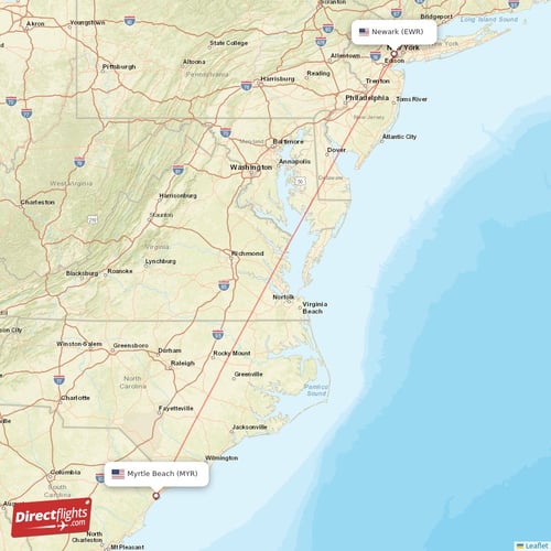 New York - Myrtle Beach direct flight map