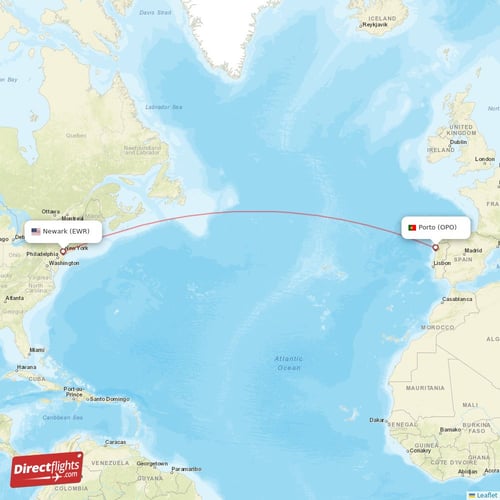 New York - Porto direct flight map